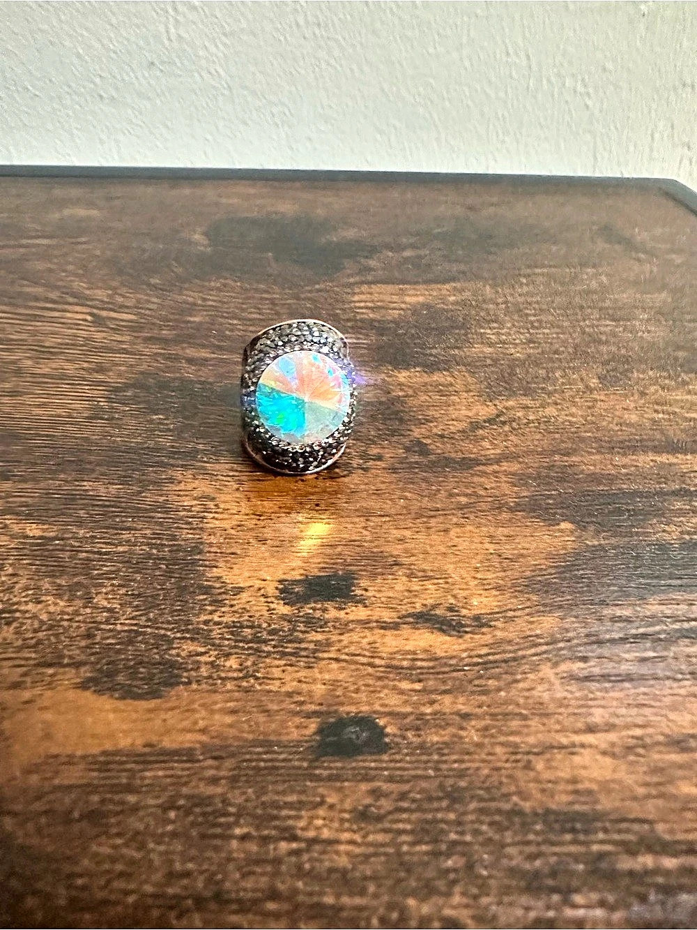 Adjustable Statement Ring with Iridescent Stone on Unique Band